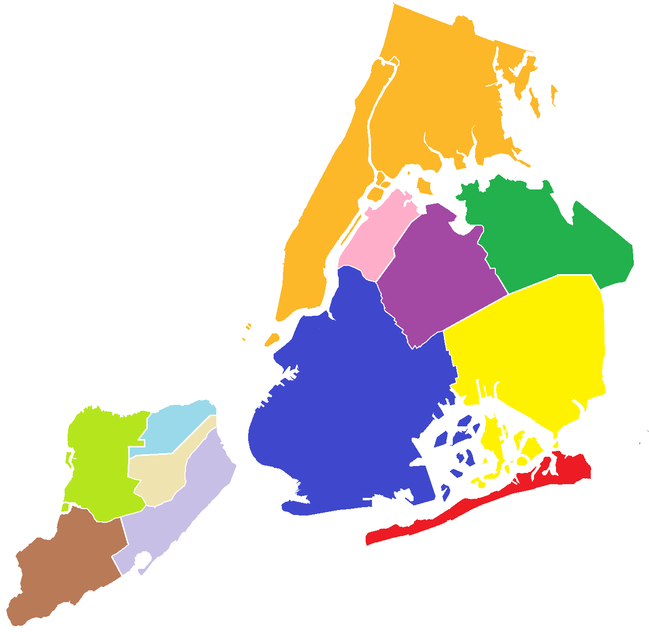 1898年の統合直前の現代ニューヨーク市の自治体で、村を除いたもの。